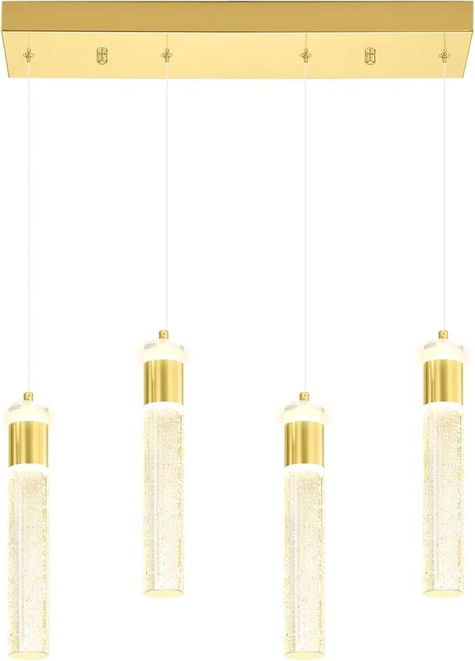 4-Light Crystal Column Chandelier Crystal Pendant Light Kitchen Island Modern Dimmable LED Ceiling Light for Dinning Room Living Room 32W Gold