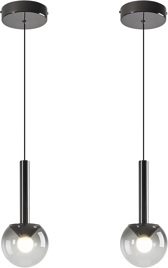 Globe Pendant Lighs for Kitchen Island,Modern LED Black Hanging Light Fixture with Gradient Gray Globe Glass Adjustable Ceiling Lights for Restaurant bar Sink Bathroom Entryway (2-Pack)