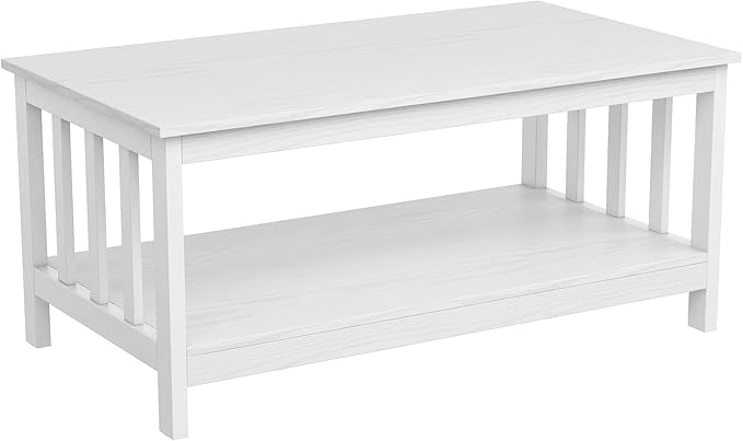 ChooChoo Farmhouse Coffee Table, Pure White Living Room Table with Shelf, 40 Inch