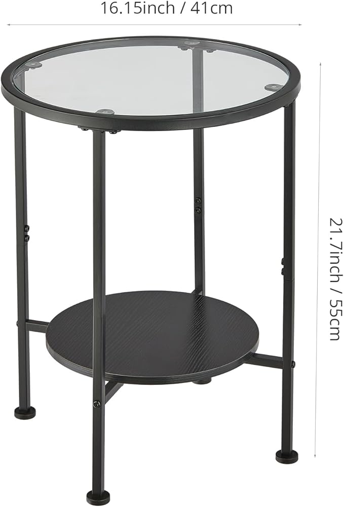 Tempered Glass Side Table with Storage Shelf for Small Spaces,16.15" 2 Tier Round Glass End Table, Small Side Table with Storage for Living Room,Round Bedside Table for Bedroom (Black)