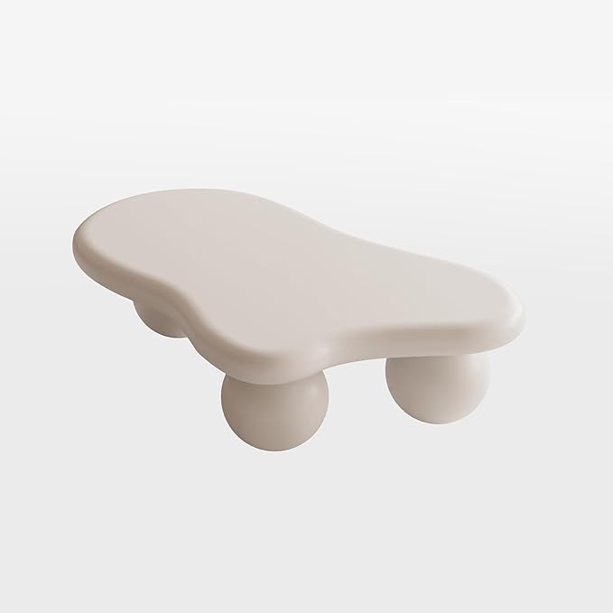 47.2” Cloud Coffee Table with 3 Ball Legs, Modern Lrregular Center Table for Living Room, Low Cute Small MDF Tea Table for Bedroom, Space Apartment-White
