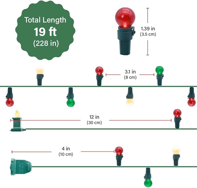GlowVibe Red White and Green Christmas Lights Indoor 19FT 70 LED G15 Pearlized Glass Globe String Lights for Outdoor Christmas Tree Garden Patio Wedding Decor, 120V ETL Certified
