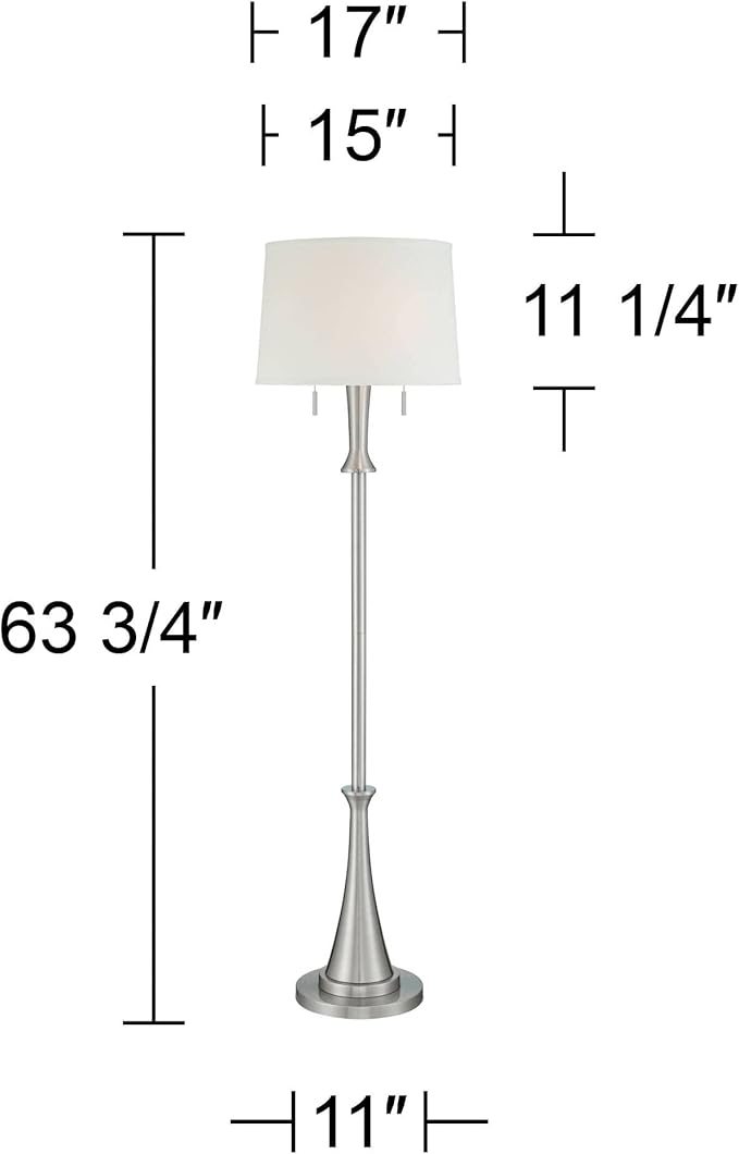 360 Lighting Karl Modern Industrial Floor Lamp Standing 63.75" Tall Brushed Nickel Silver Classic Metal White Tapered Drum Shade Decor for Living Room Reading House Bedroom Family Home