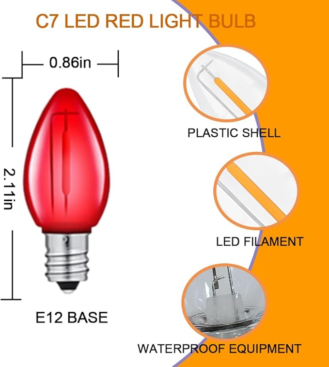NETEHA 25 Pack C7 Red Led Replacement Christmas Light Bulb, C7 E12 Base 120V Waterproof Led Bulbs for Christmas Outdoor String Lights, Halloween Decoration Bulb