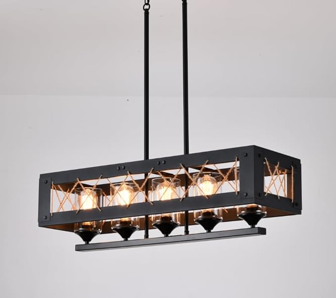 Black 5-Light Farmhouse Chandelier, Adjustable Rustic Kitchen Island Light Fixture for Dining Room and Kitchen Table