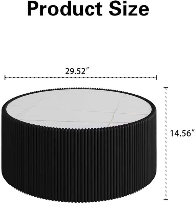 29.52" Black Round Coffee Table, Drum Coffee Table with Sintered Stone Tabletop and Fluted PU Leather Covered and Stable Base, Circle Cocktail Tea Table for Living Room