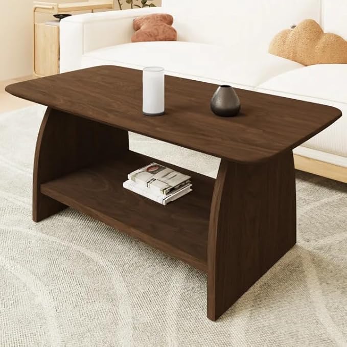 Farmhouse Coffee Table, Rectangular Living Room Table, 47'' Wooden Center Table with Storage, for Living Room, Bedroom, Rounded Corner Design, Walnut