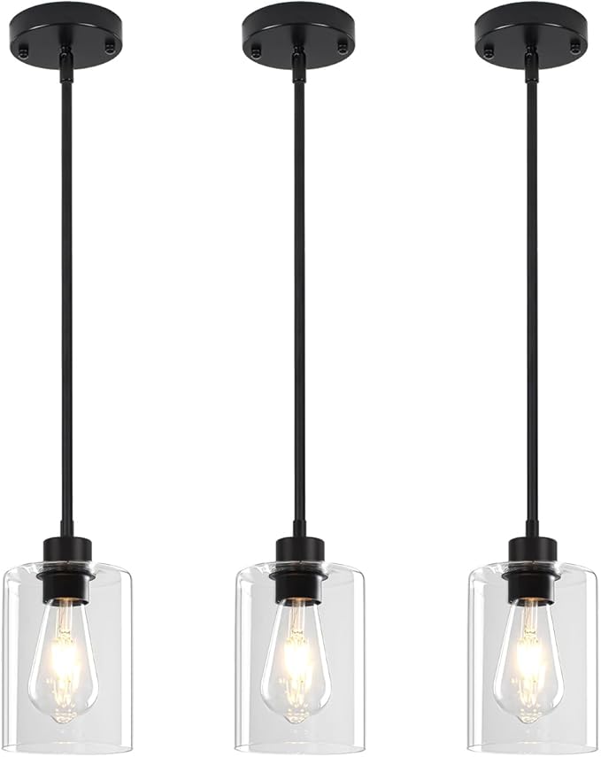 3 Pack Glass Pendant Lights Kitchen Island, Modern Black Pendant Lighting Over Island Hanging Light Fixtures Kitchen Ceiling Lamp Farmhouse Mini Chandeliers for Hallway Entryway Bedroom Dining Room