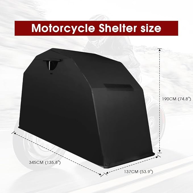 Heavy Duty Motorcycle Shelter Storage Sheds Motorcycle Garage, 136"x54" x75" Motorcycle Cover Waterproof Outdoor Motorcycle Tent with Lock