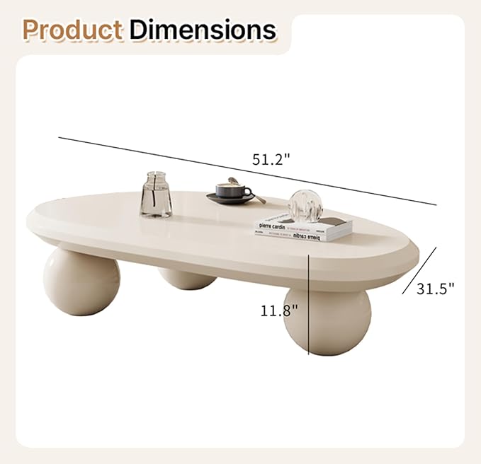 Cloud Coffee Table for Living Room, 51.18" Large Oval Wood Coffee Table with 3 Ball Legs, Unique Modern Living Room Table Center Table for Home Office, White