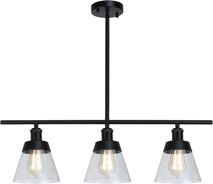 Fivess Lighting 3-Light Farmhouse Black Kitchen Island Lighting, Clear Seeded Glass Linear Chandelier, Adjustable Rods Industrial Rustic Pendant Light Fixture for Kitchen Island Dining Room