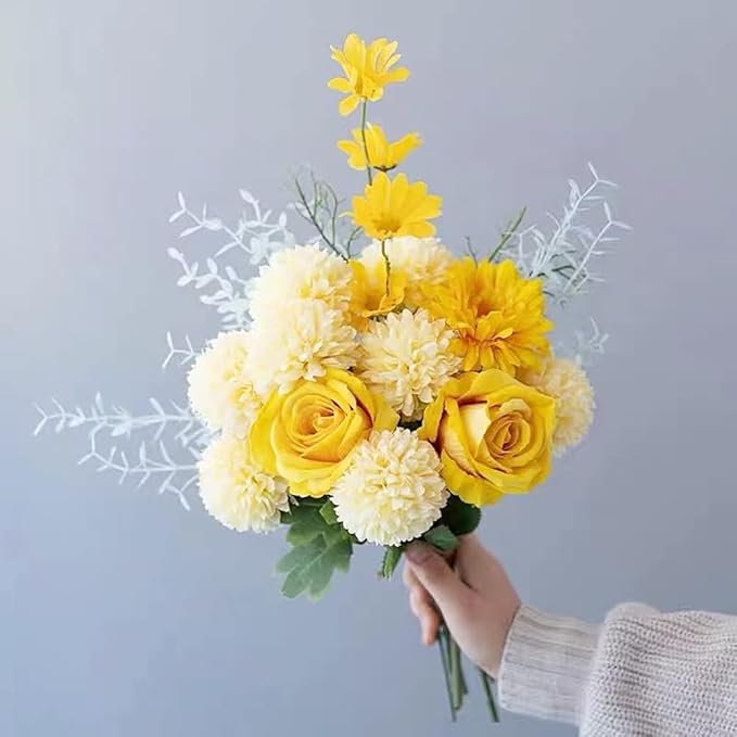 Jasion Artificial Roses Flowers 10 Heads Arrangement Silk Bouquet Glorious Meanings for Home Office Parties and Wedding Decoration (Yellow)