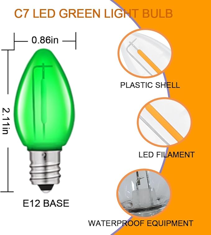 NETEHA 25 Pack C7 Green Led Replacement Christmas Light Bulb, C7 E12 Base 120V Waterproof Led Bulbs for Christmas Outdoor String Lights, Halloween Decoration Bulb