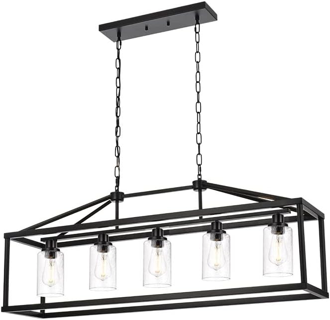 BONLICHT 5 Light Farmhouse Chandelier Ceiling Hanging Dining Room Lighting Fixtures Matte Black Modern Pendant Lighting Industrial Rectangular Kitchen Island Chandelier Fixture with Seeded Glass Shade