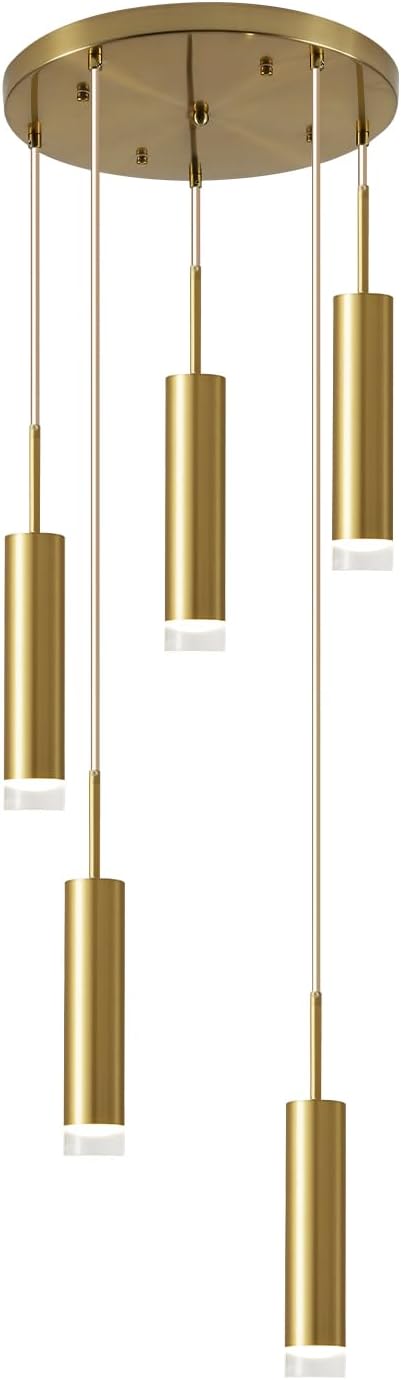 KCO Lighting 5 Lights Cluster Pendant Lighting Cylinder Gold Pendant Light Mid Century Modern Hanging Ceiling Light Fixture for Living Room Kitchen Island Hallway
