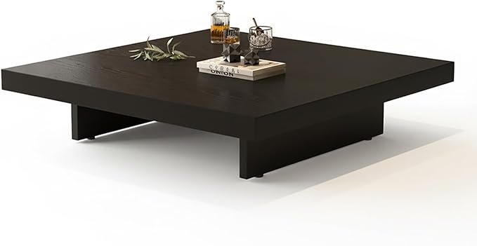 Modern Square Coffee Table for Living Room, Low Profile Wood Center Table with 2" Thick Tabletop & Optional Storage Tray, Sturdy Minimalist Design (31.5"/39.4" Black/Walnut)