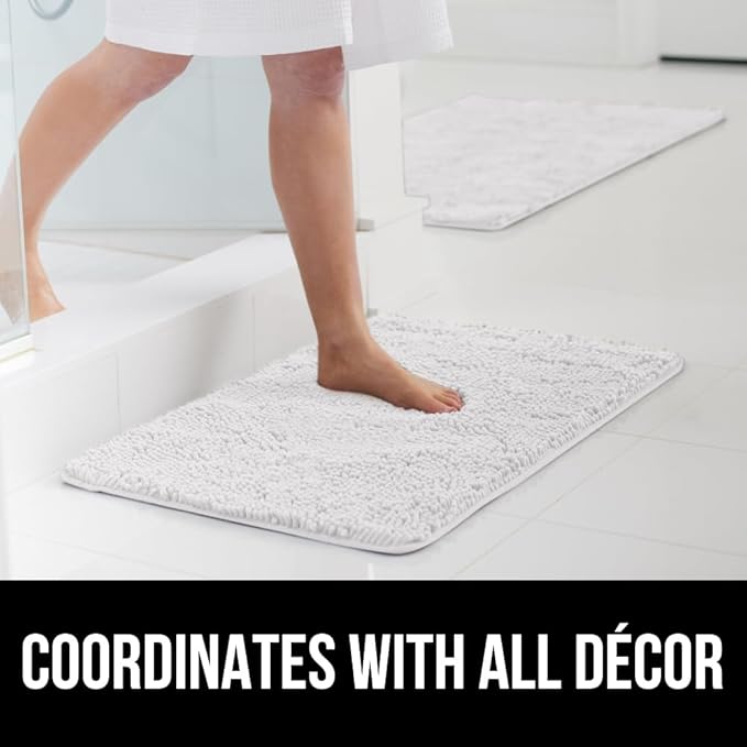 GORILLA GRIP Bath Rug Mat 48x17, Thick Soft Absorbent Chenille, Quick Dry Microfiber Mats, Rubber Backing Washable Shower Floor Rugs, Bathmat Runner, US Designed Bathroom Home Decor Accessories White