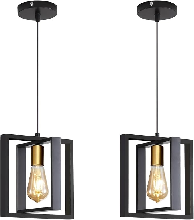 2 Pack Black Industrial Farmhouse Pendant Light, Vintage Metal Rustic Hanging Lights, Adjustable Height Kitchen Island Pendant Lights Fixture, Mini Ceiling Lamp for Entryway, Dining Room, Foyer