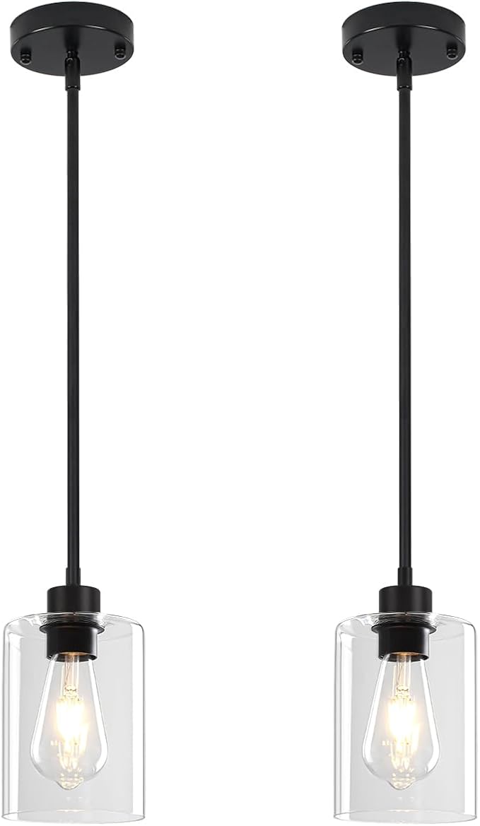 Glass Pendant Lights Kitchen Island 2 Pack, Modern Pendant Lighting Over Island Black Farmhouse Kitchen Hanging Light Fixtures Adjustable Mini Chandeliers for Hallway Entryway Bedroom Dining Room