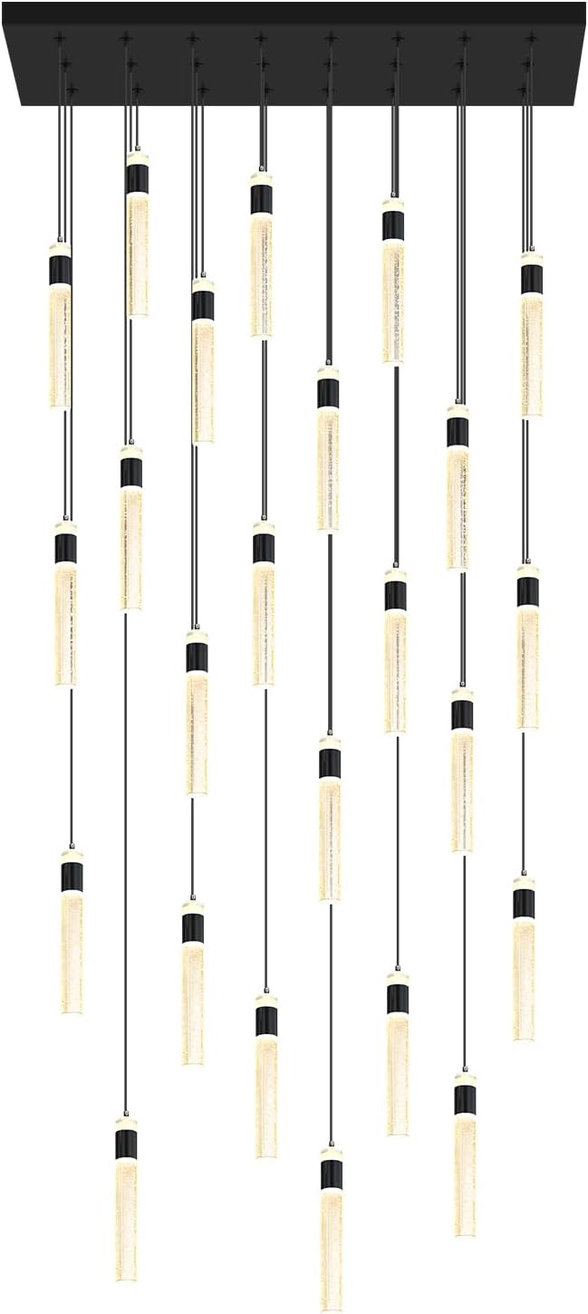 Glam Rectangular Crystal Column Chandelier for High Ceiling 24-Lights Black LED Dimmable Pendant Light for Kitchen Island Dining Room Entrance Foyer Living Room Adjustable Height