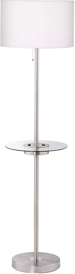 360 Lighting Caper Modern Floor Lamp with Tray USB and AC Power Outlet on Table Glass 60.5" Tall Satin Nickel White Fabric Drum Shade for Living Room Reading House Bedroom