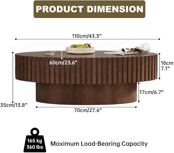 Oval Drum Coffee Table 43.3" Wooden Coffee Tables Modern Handcrafted Fluted Drum Center Table Farmhouse Tea Table with Pedestal for Living Room Small Space,Oval Brown 43.3"
