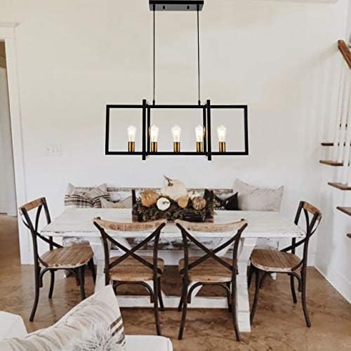 SomSom Modern Kitchen Island Light for Kitchen Pendant Chandelier 5-Light Ceiling Light Industrial Pendant Lighting Fixture Matte Black with Antique Brass Finish