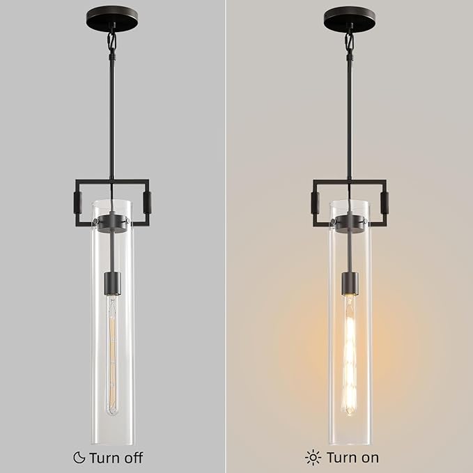 Matte Black Glass Pendant Light: Modern Knurled Brass Pendant Lights Kitchen Island - Contemporary Hanging Light Fixtures with Long Tube - Cylinder Pendants Lighting over Table for Kitchen Bathroom