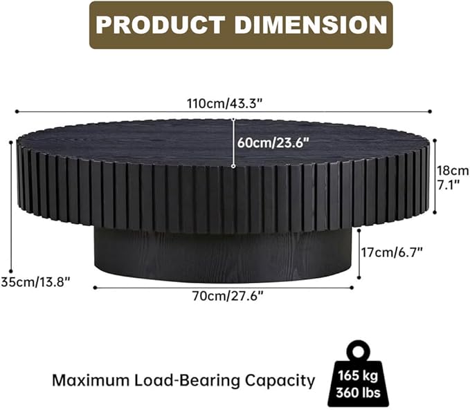 Oval Drum Coffee Table 43.3" Wooden Coffee Tables Modern Handcrafted Fluted Drum Center Table Farmhouse Tea Table with Pedestal for Living Room Small Space,Oval Black 43.3"