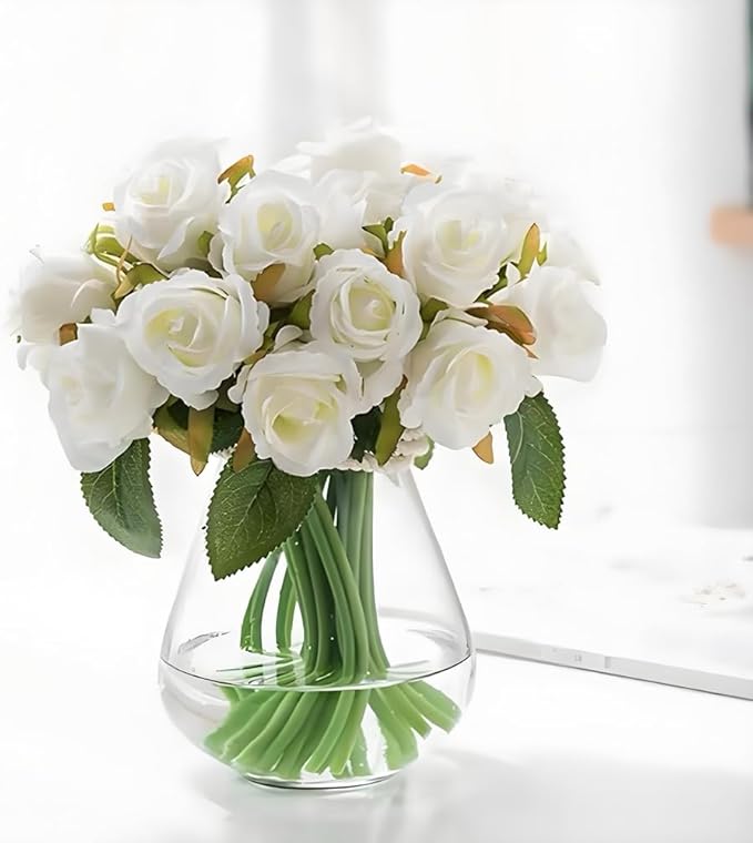 Jasion Artificial Roses Silk Flowers 12 Heads DIY Arrangement Bouquet for Home Office Parties Table Centerpieces Bridal Wedding Decoration Without Vase (Spring White)