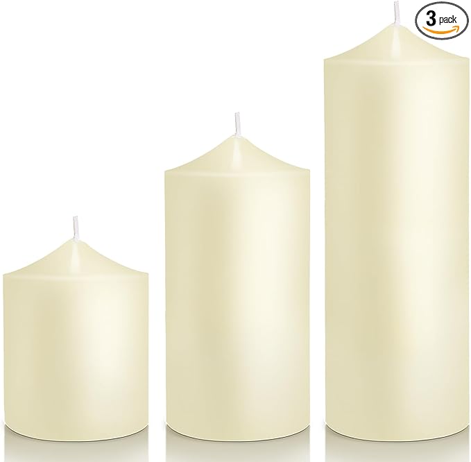 Pillar Candles 3 x 4, 6, and 8 inches, Large Handmade Candles Set of 3, Ivory Decorative Candles for Wedding, Home Decoration, Dinner, Church