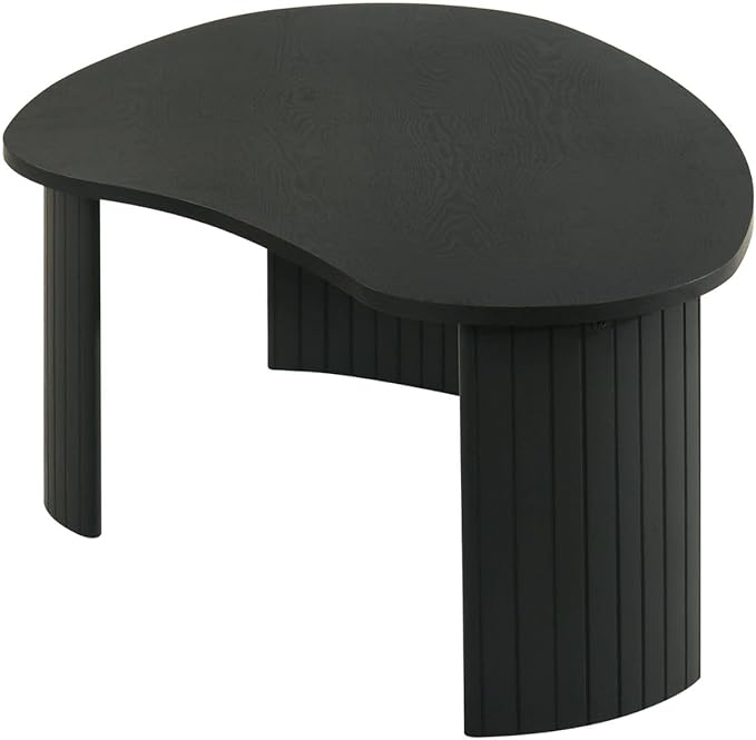 Modern Black Wood Coffee Table 47.25 Inch for Living Room, Sturdy Center Table with Irregular Mango Top and Fluted Legs for Small Apartment