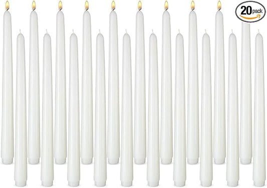 20 Pack White Taper Candles, 10 Hours Burn Time, Unscented, Smokeless and Dripless, 0.8 x 12 Inch Dinner Candle Set for Household, Wedding, Party and Home Décor Candlesticks