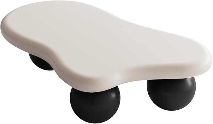 47.2” Cloud Coffee Table with 3 Ball Legs, Modern Lrregular Center Table for Living Room, Low Cute Small MDF Tea Table for Bedroom, Space Apartment-White Black