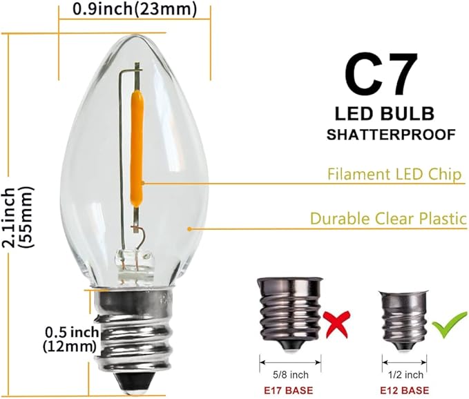 KGC 50Pack C7 LED Christmas Light Bulb, E12 Base LED Bulbs, 2200K Warm White 50LM, Clear Plastic Night Lights C7 Replacement Bulbs for Christmas String Lights.