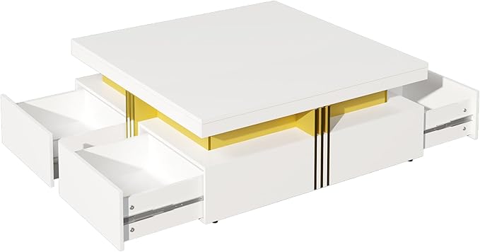 Merax 43.3" Modern Glossy Square Storage Coffee Table with 4 Drawers, Gold Accents, Functional Center Tables for Living Room Apartment, Glossy White