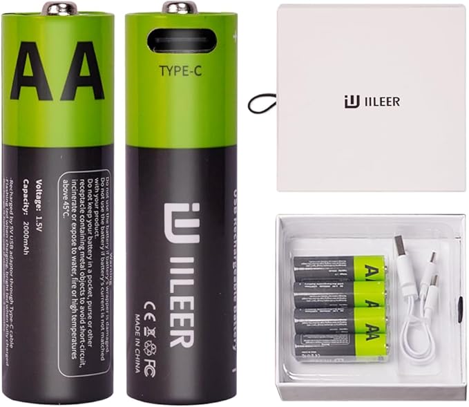 2000mAh USB-C Rechargeable AA Batteries, 1200 Cycles Life, Fast Charging with Type-C Cable, for Gaming Controllers, Mouse, Keyboard & Home Electronics, Black Green (16)