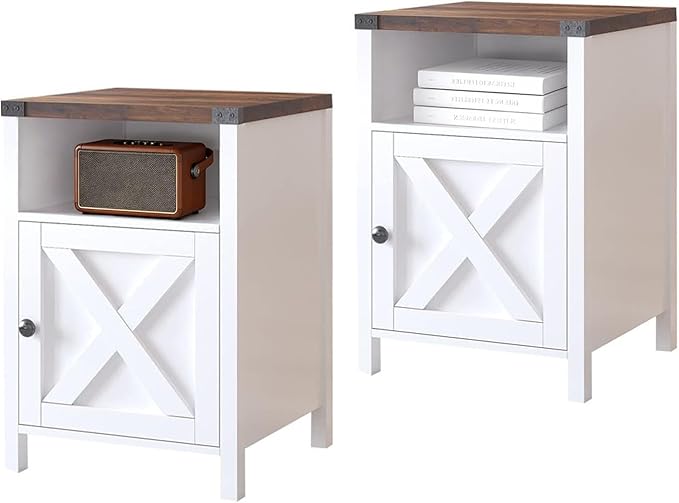 Catrimown Farmhouse End Table, Nightstand Set of 2, Rustic Night Stand with Barn Door and Storage Shelf, White End Table, Side Table for Bedroom Living Room, Cream White
