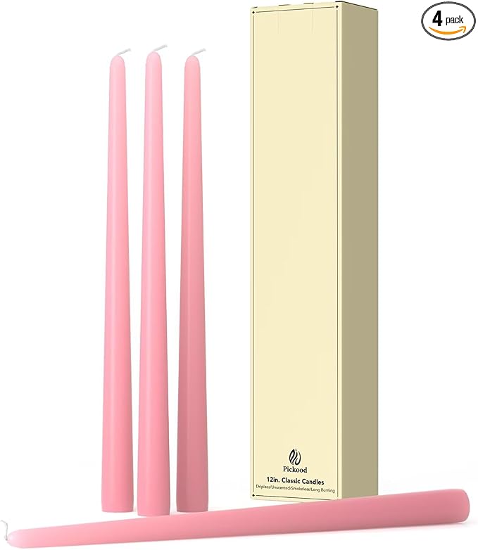 12-Inch Tall Dripless Taper Candles Set of 4 - Pink Tapered Candles, Perfect for Spring - Smokeless, Unscented, Long Burning - Hand Poured, Colored Tall Candlesticks - Light Pink