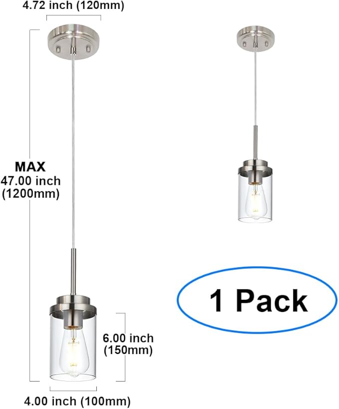 MELUCEE 1-Light Small Glass Pendant Lights Brushed Nickel, Adjustable Hanging Lamp Ceiling for Dining Room Kitchen Island, Mini Chandelier with Clear Glass Shade