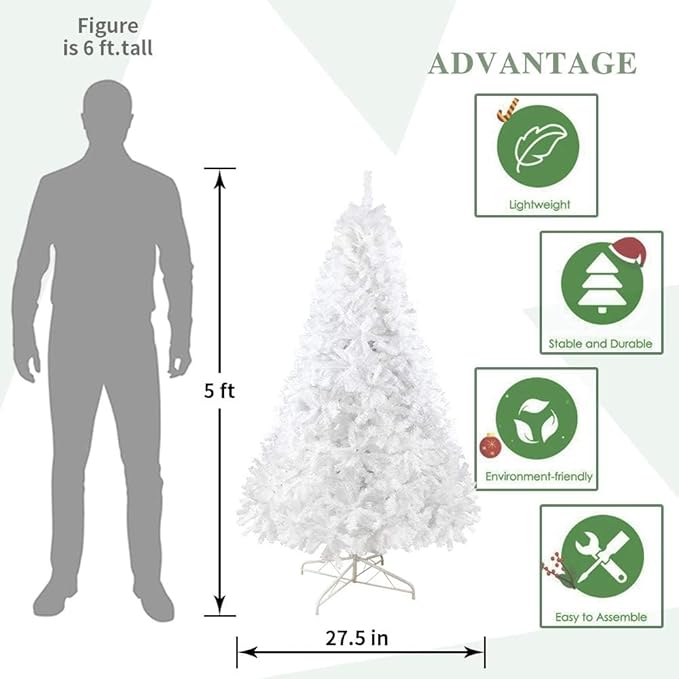 BESTHLS 5 FT White Christmas Tree Premium Artificial Pine Christmas Tree with Solid Metal Stand and Decorations 460 Branch Tips Fit for Indoor Outdoor (5 feet White)