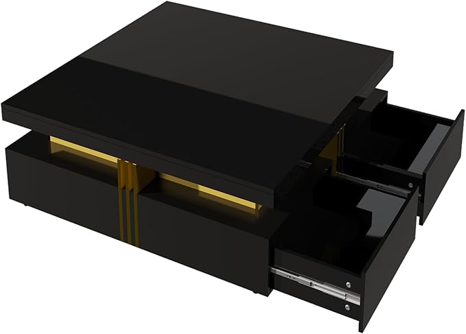 Merax 43.3" Modern Glossy Square Storage Coffee Table with 4 Drawers, Gold Accents, Functional Center Tables for Living Room Apartment, Glossy Black
