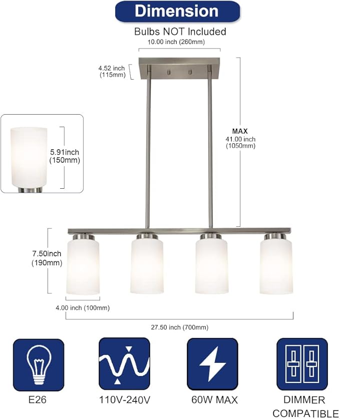 TODOLUZ Brushed Nickel Kitchen Island Light, Farmhouse Pendant Light Fixtures with Opal White Glass Shades Modern Linear Ceiling Hanging Light for Living Room
