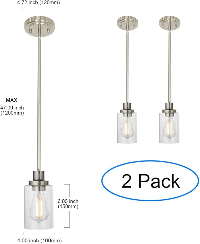 MELUCEE 2-Pack Pendant Light Brushed Nickel Adjustable Hanging Light Fixtures Ceiling with Clear Glass Shade, Set of Two Mini Pendant Lighting for Kitchen Island Hallway Porch Corridor