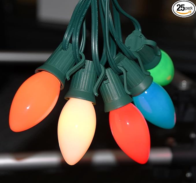 C9 Christmas Lights 25Ft Multicolored Outdoor String Lights with 26 Ceramic Edison Bulbs(1 Spare), C9/ E17 Base, Hanging Vintage Multicolor Lights for Christmas Party Backyard Wedding Decor