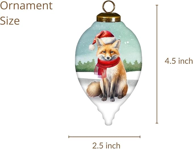 Hand-Painted Glass Fox Ornament – Woodland Christmas Decoration with Santa Hat, Cardinals, and Gifts – “Warm Winter Wishes” Reverse-Painted Collectible with Gift Box – 4.5” Teardrop Ornament