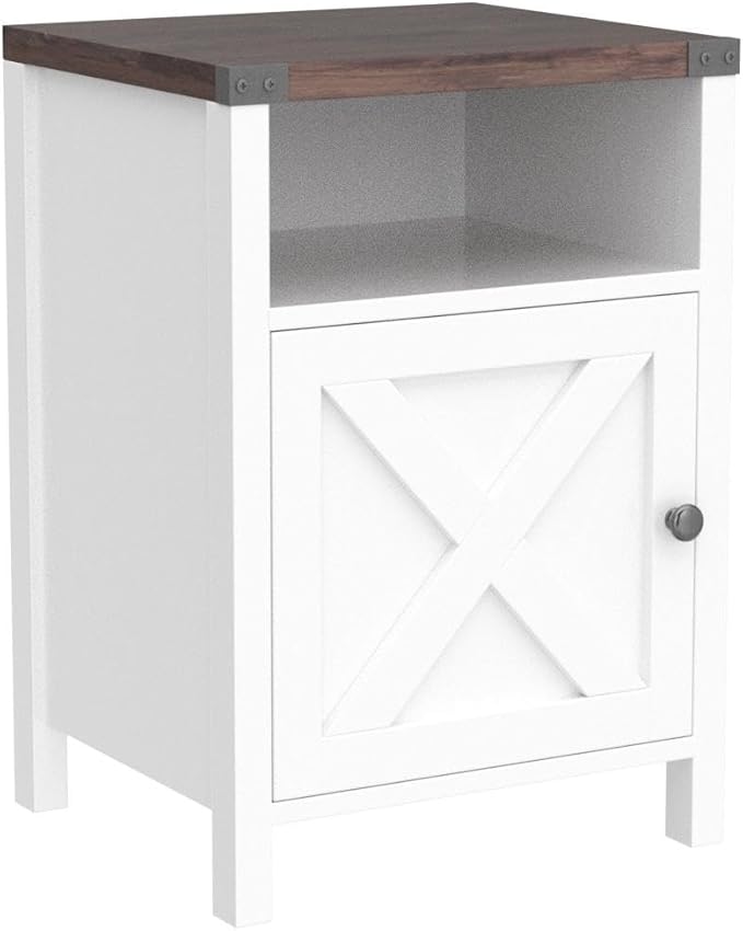 Catrimown Farmhouse End Table, Nightstand Set of 2, Rustic Night Stand with Barn Door and Storage Shelf, White End Table, Side Table for Bedroom Living Room, Cream White