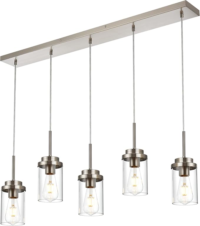 MELUCEE 5 Lights Kitchen Island Lighting Modern Linear Chandeliers for Dining Room, Industrial Brushed Nickel Pendant Light Fixtures Ceiling Hanging with Clear Glass Shade, 37.0 Inches Length