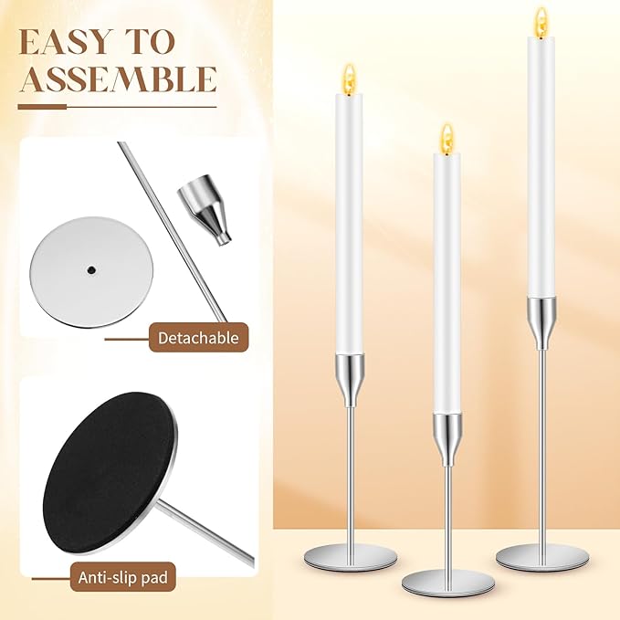 30 Pcs Silver Candlestick Holders with LED Flameless Candles Bulk Includes 15 Metal Candle Holders and 15 Battery Operated Candles for Wedding Table Centerpieces Home Decor