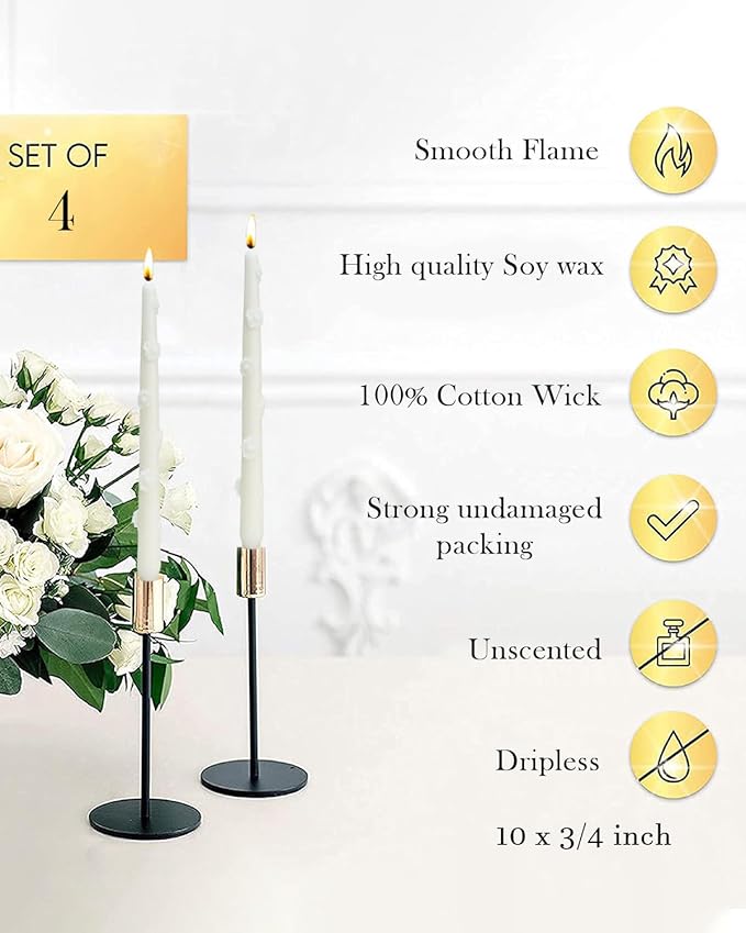 White Candlestick Taper Candles Flower Soy Candles Unscented Wedding Party Wax Unscented Dinner Candle Dripless,10 inch,Set of 4,J2